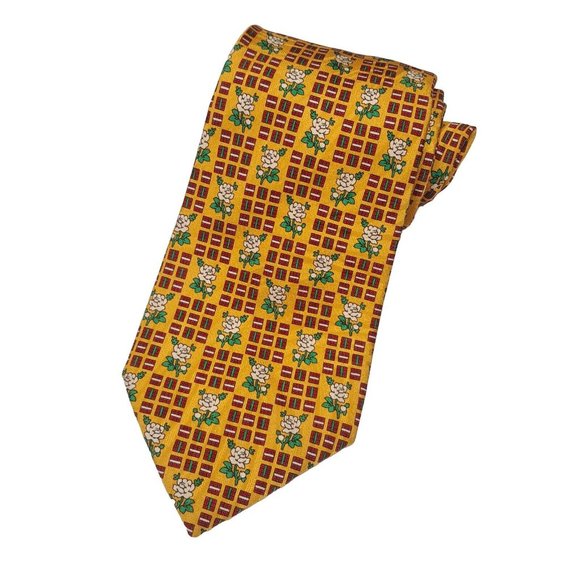 El Corte Ingles Men's Printed Silk Necktie Floral Pattern Yellow Made in Italy - Picture 2 of 6